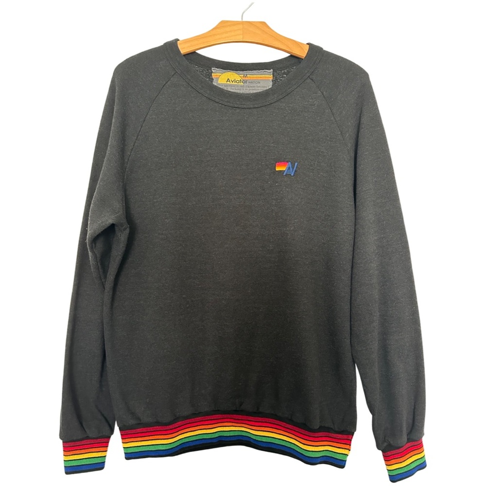 Aviator Nation rainbow trim crewneck - Color: Black - Size: Unisex Medium